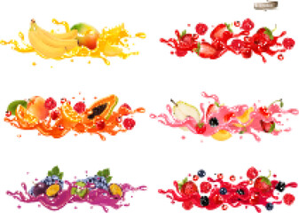 Whole and slice of berries and fruit in a jiuce.  Strawberries, raspberries, cherries, blueberries, passion fruit, banana, mango, papaya, kiwi in a wave of juice with splashes. Vector set.