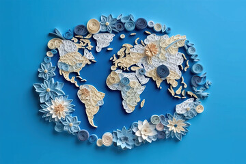 The fancy stylized world map executed in style quilling. Generative AI.