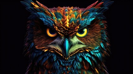 An owl is shown brightly on a dark background