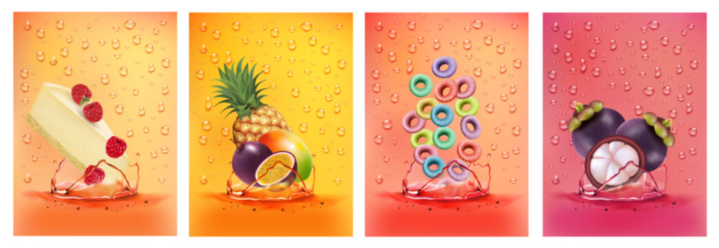 Fresh fruits juice splashing together- pineapple, mango, passion flower, froot loops, сheesecake, raspberry, mangosteen juice drink splashing. 3d fresh fruits. Vector illustration