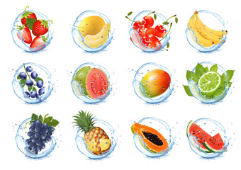 Set of fruits and vegetables in water splashes. Mango, watermelon, cherry, blueberry,  sweet melon, pineapple, strawberry, grape. papaya, banana, guava in water splash and drops. Vector illustration.