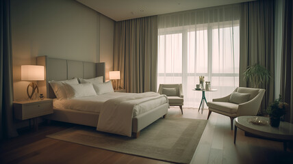 Interior of a modern luxury bedroom hotel bedroom, minimal style, soft sun lit bedroom	