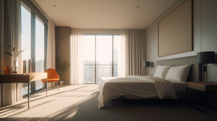 Naklejka na ściany i meble Interior of a modern luxury bedroom hotel bedroom, minimal style, soft sun lit bedroom 
