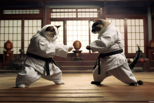Two cats wearing kimono for martial arts at training. Kittens practicing kung fu or karate. Anthropomorphic fighters. Created with Generative AI