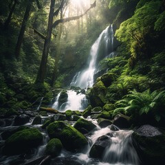 Stunning image of a majestic waterfall cascading down a lush forest, capturing the power and beauty of nature