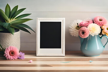A mockup of a blank polaroid photo frame surrounded by soft pastel flowers, perfect for greeting cards and invitations