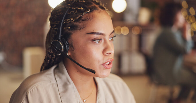 Call Center, focus and a business black woman talking to customer or proposal on her computer while working in the office. Research, productivity with a female employee at work on a project