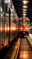 Obraz premium A high-speed train is rushing along the tracks. Generative AI