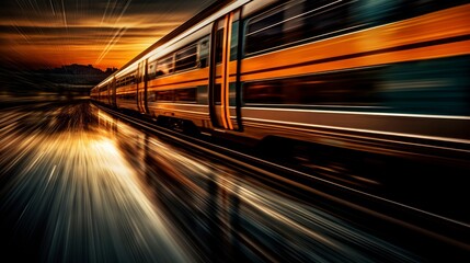 A high-speed train is rushing along the tracks. Generative AI