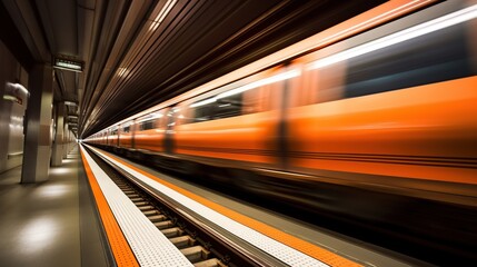 Obraz na płótnie Canvas Motion orange blur of an automatic train moving in a tunnel. generative AI