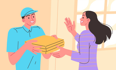 Courier hands pizza to woman, home delivery
