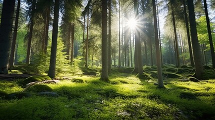 Fototapeta na wymiar forest trees spring nature green wood sunshine background. generative AI