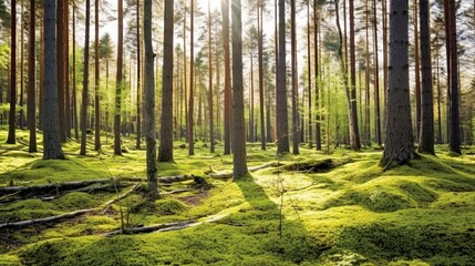 Naklejka premium forest trees spring nature green wood sunshine background. generative AI
