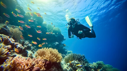 Scuba diver woman swimming in the under water sea , 
Created with Generative Ai Technology