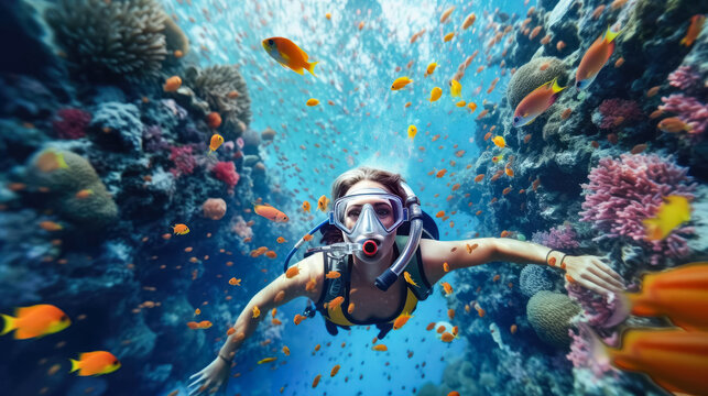 Scuba diver woman swimming in the under water sea , 
Created with Generative Ai Technology