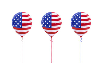 3D Balloons in the style of the USA Flag. Design elements for US holidays, Independence Day 4th of July. Balloons with ribbons of different colors isolated on white background. Realistic 3D vector