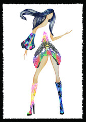 Fototapeta na wymiar Fashion Illustration with Prints and Patterns - Fashion woman - Stylish cute girl in - Sketch. 