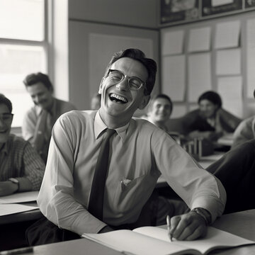A man laughing in a classroom - AI illustration. 