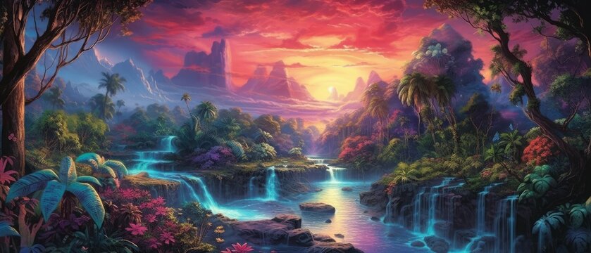 Tropical forests with lush foliage and waterfalls. Generative AI