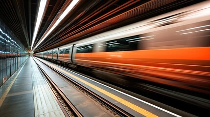 Fototapeta na wymiar Motion orange blur of an automatic train moving in a tunnel. generative AI