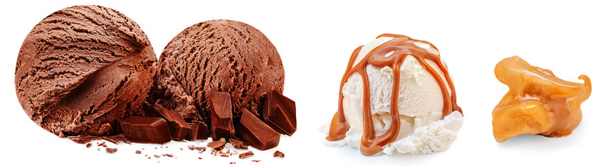 Chocolate and Caramel  ice-cream balls with toffee caramel pieces isolated on white background. Creative layout of ice-cream .