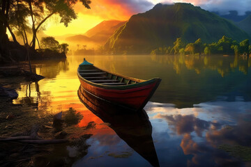 Boat on a lake with a stunning sunset in the background. Generative AI