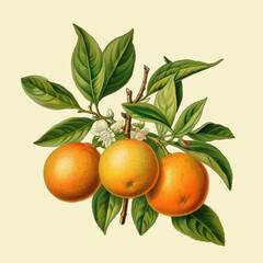 Orange or citrus sinensis plant with fruits and flowers as in the vintage botanical illustrations, victorian still life on creamy paper  background