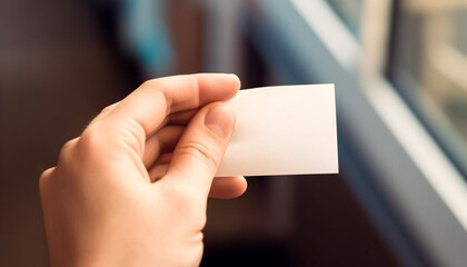 Successful businesswoman holding blank document for advertisement, selective focus on finger generated by AI