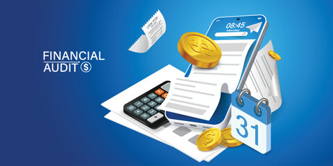 Bill of expenses is on mobile phone.Pay bills with mobile phone.Online shopping spending.Online shopping via smartphone.Bill payment flat isometric vector concept of mobile payment, shopping, banking.