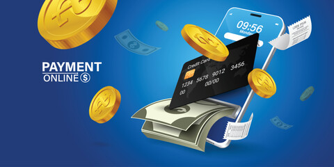 The credit card is on the smartphone and there are coins around it.Mobile payment concept without ATM or bank. Cashback via mobile application or via credit card. Paying bill using mobile phone bill.