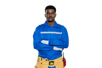 Portrait of male engineer worker in safety uniform and equipment tools standing with arms crossed on white background