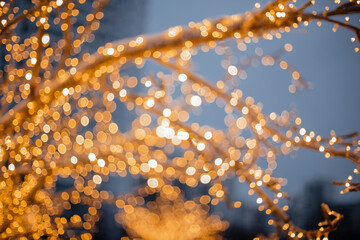 Un focus golden lights of a garland on a tree branch. Beautiful background for the holidays