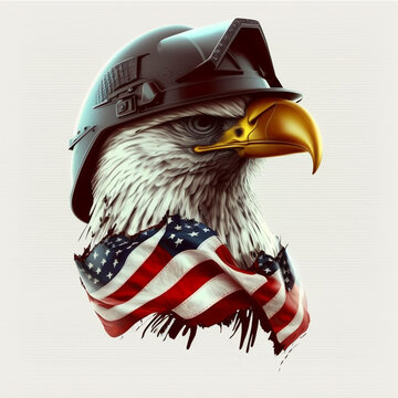 patriotic head eagle with soldier helmet and american flag in white background:generative ai