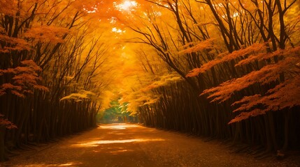 木々が紅葉する森林がトンネルになる山道の風景イラスト　generative ai - obrazy, fototapety, plakaty