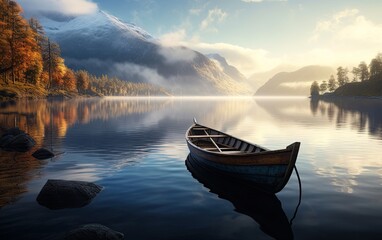 boat on a lake with a mountain behind