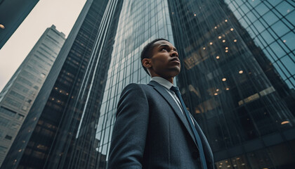 Fototapeta premium Confident businessman standing in front of skyscraper, looking successful generated by AI