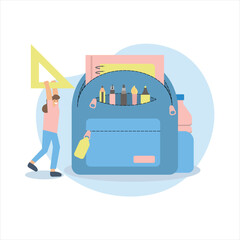 Preparing the bag pack for the school start. Back to school illustration. Web flat style illustration isolated on white background, Vector editable