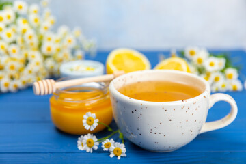 Chamomile herbal tea in a cup on a blue wooden table with honey, lemon and chamomile bouquet. Close-up. Copy space. healthy herbal drinks, immunity tea. Natural healer concept.Place for text.