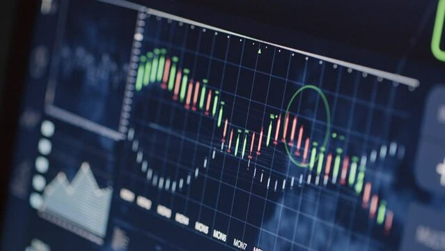 No people panning right close up of bars moving up and down in crypto analyzing program on computer screen at night time