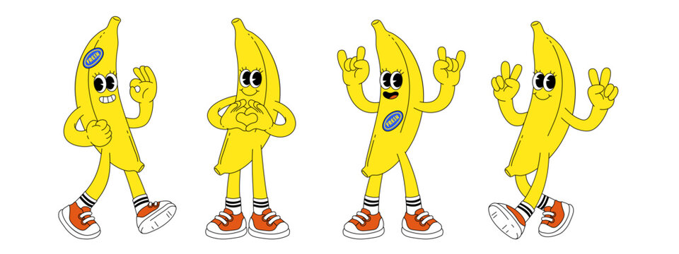 Fruit retro funky cartoon characters. Comic mascot of banana with happy smile face, hands and feet. Groovy summer vector illustration. Fruits flower berries juicy sticker pack.
