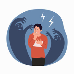 Young man experiences fear, fright, stress. Phobia night monster. Vector flat style cartoon illustration.