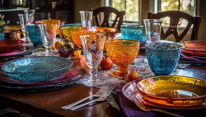 Elegant wineglass set on ornate table, a luxurious celebration generated by AI