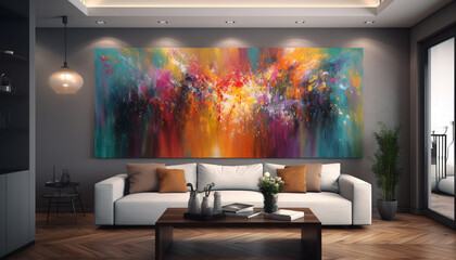 Modern living room with green armchair, multi colored pillows and paintings generated by AI