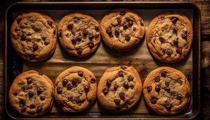 Indulgent homemade chocolate chip cookies on rustic wooden cooling rack generated by AI