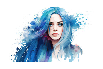 Girl with blue hair watercolor. Vector illustration desing.