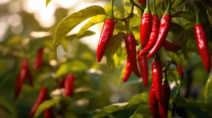 Fotobehang red chili growing on the plantation. generative AI © maretaarining