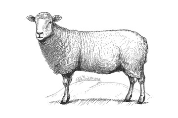 Fototapeta premium Farm sheep sketch hand drawn side view Farming. Vector illustration desing.