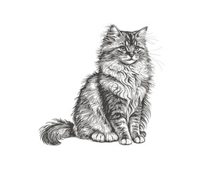 Fluffy cat sitting hand drawn sketch Pets. Vector illustration desing.