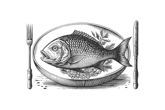 Fish on a plate hand drawn engraving sketch Restaurant. Vector illustration desing.