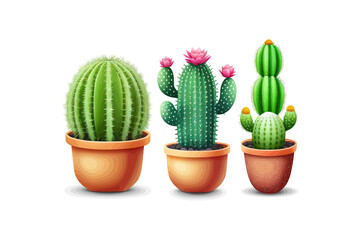 Set three cactus in cartoon pot isolated on a white. Vector illustration desing.